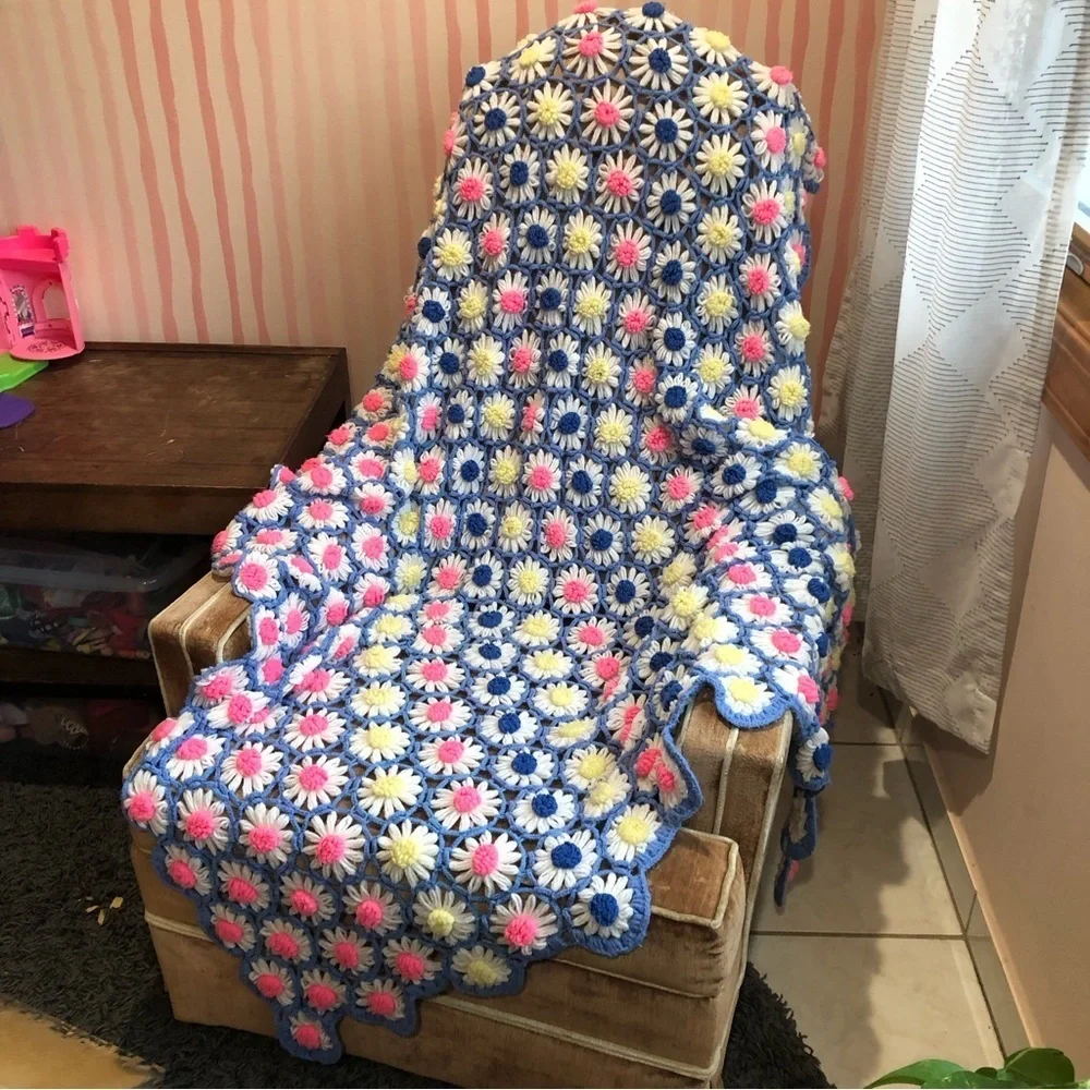 Vintage daisy granny square crochet afghan blanket throw polyester blue